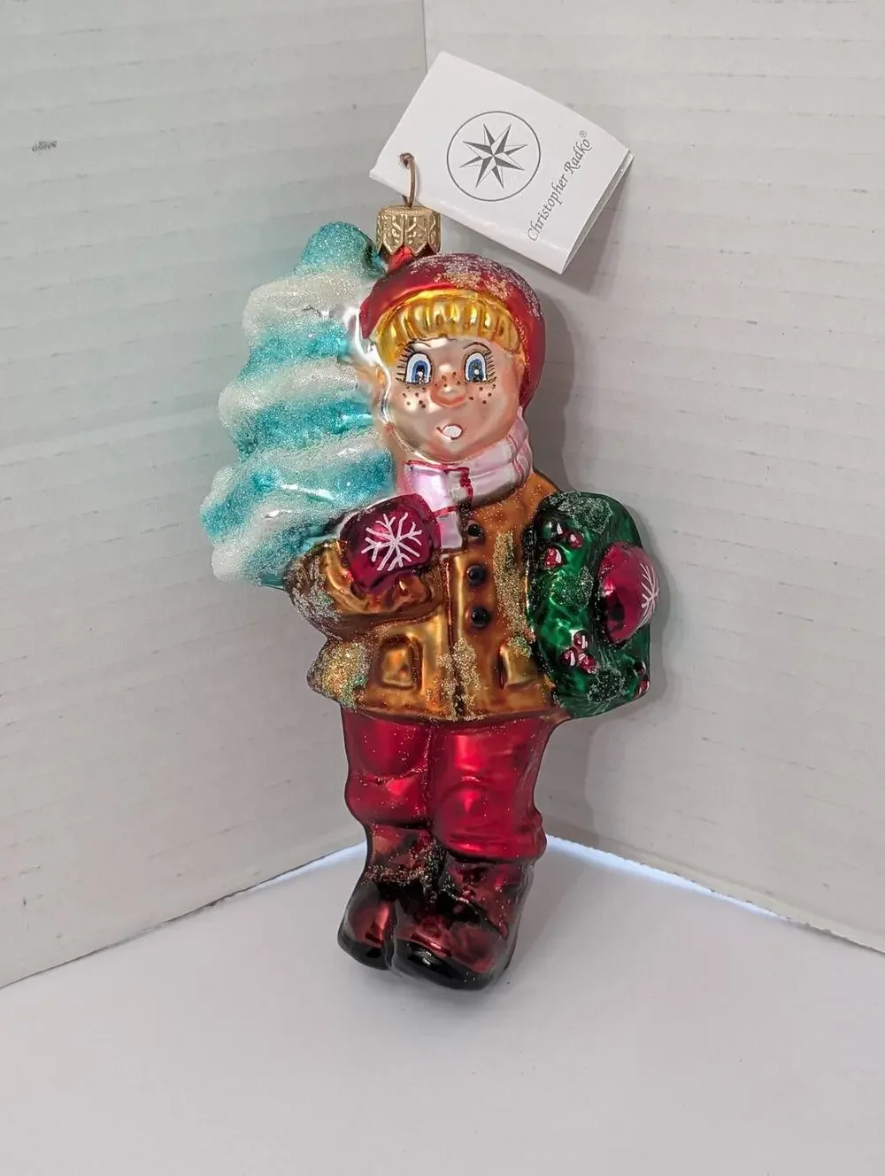 Christopher Radko 1996 Boy with Christmas Tree and Wreath Glass Ornament